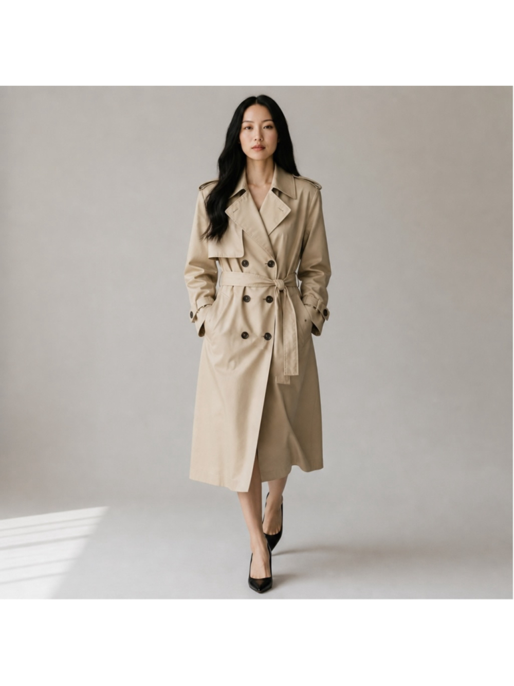 Size L The Drop Noa Beige Classic Double Breasted Lightweight Long Trench Coat - Picture 1 of 7
